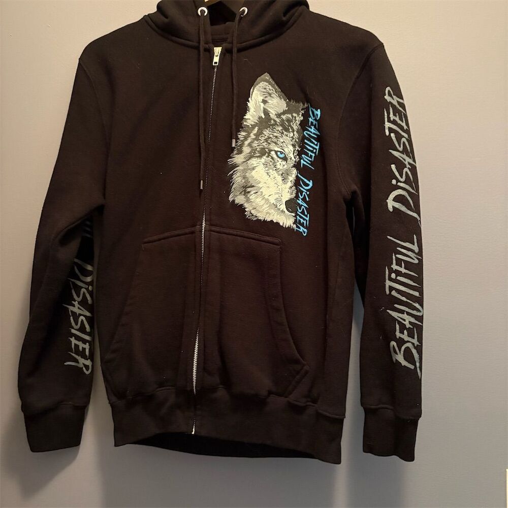 Beautiful Disaster Black Zip-Up Hoodie with Wolf Graphic